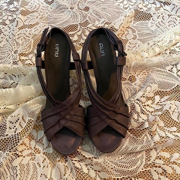 Auri Womens Italian Leather Brown Purple Metallic Peep Toe Stiletto Heels Sz 9 - Picture 4 of 6